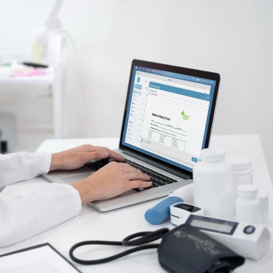 Hospital management software displayed on a laptop, representing comprehensive hospital management solutions.