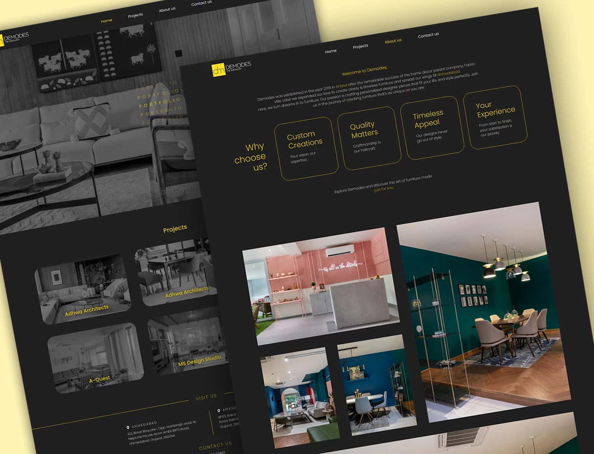 Demodes website pages layout designed for a furniture website design company.