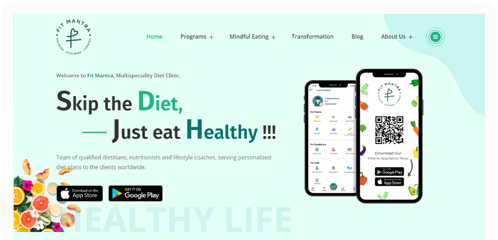 Fitmantra website home page designed for a multispeciality diet clinic.