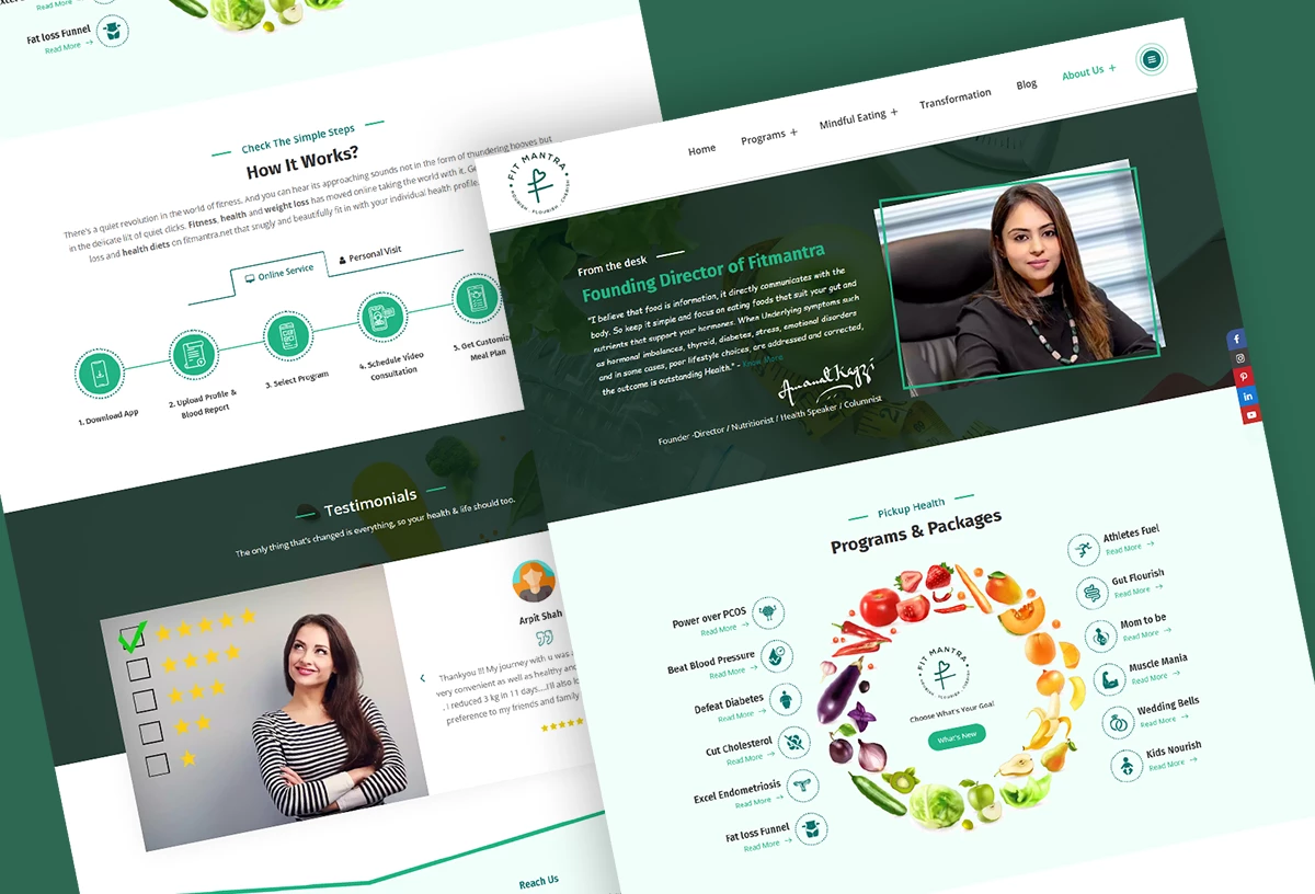 Fitmantra pages layout designed for a multispeciality diet clinic.