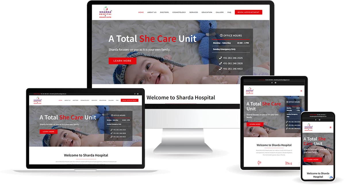 Sharda Hospital website home page displayed on multiple devices for OB-GYN services.