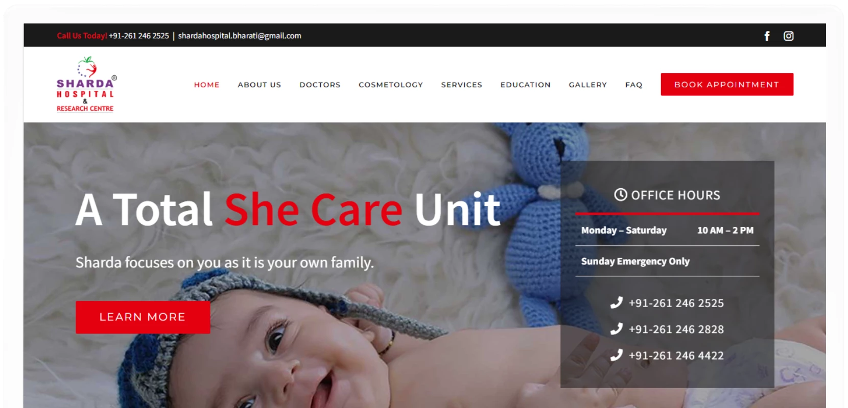 Sharda Hospital website home page screen designed for OB-GYN services.