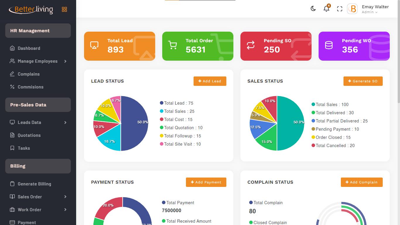 Bettert Living by HM dashboard screen on an ERP system for furniture manufacturing developed by Popway.